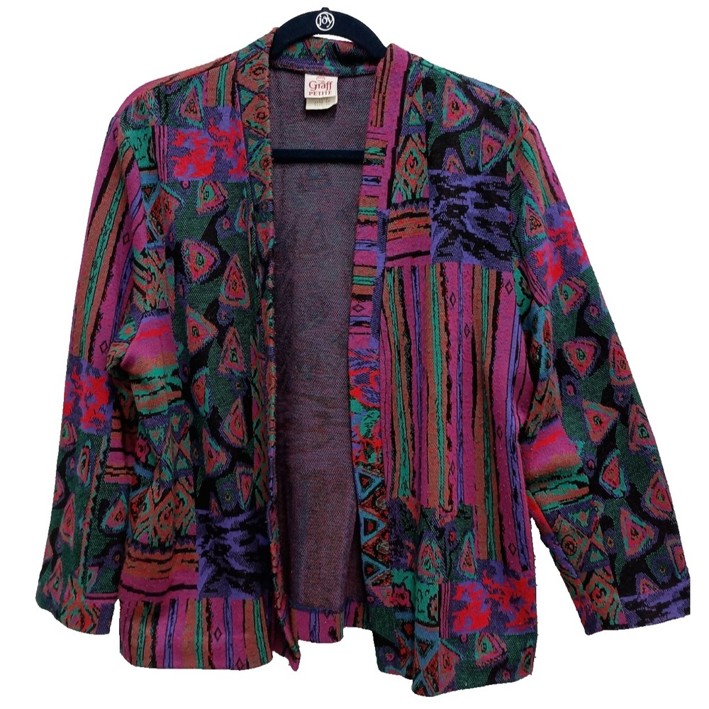 VTG 80s Graff Wearable Art Cardigan Womens 10 Petite Aztec Tribal Tapestry Open